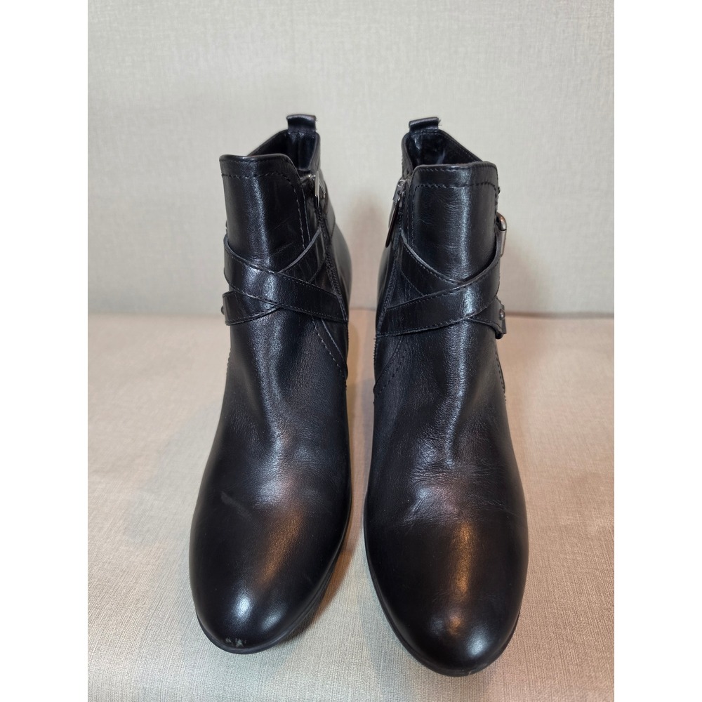 Aquatalia Marvin K Black Leather Buckle Ankle Boots Block Heel Side Zip Size 8